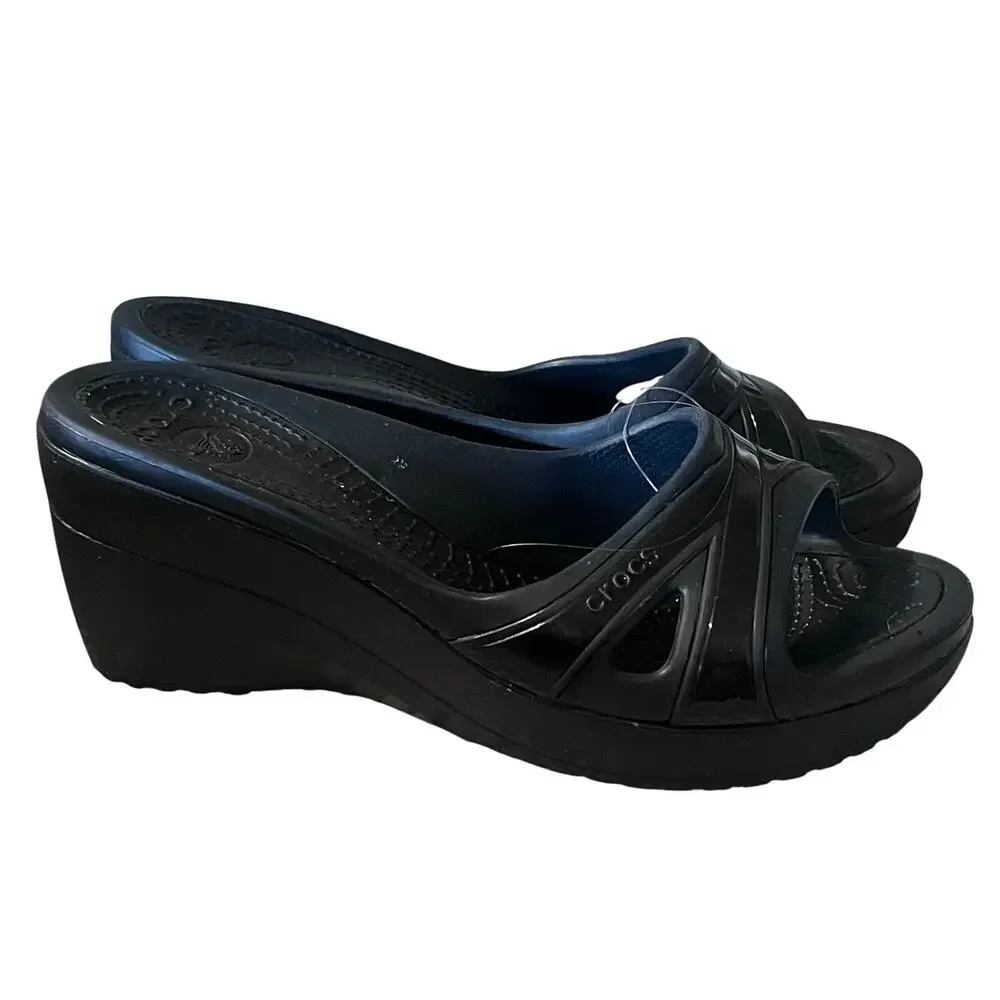 Crocs Sassari Wedge Slide Sandals Women’s Size 8 Black Open Toe Comfort Shoes